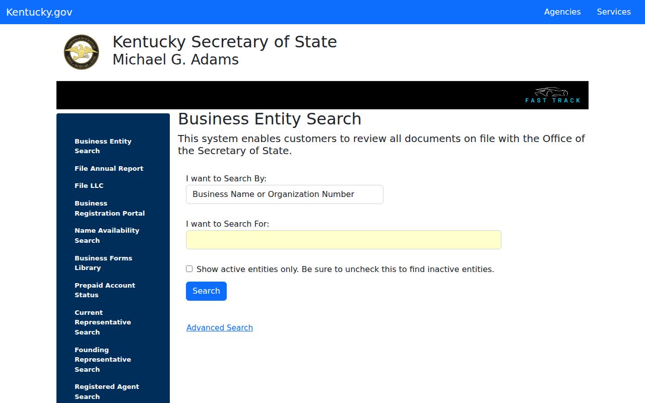 Kentucky Secretary of State business entity search used for Henderson name research