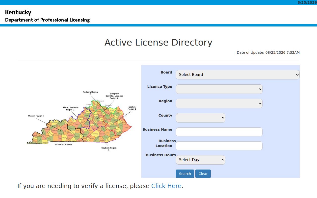 Kentucky active professional license directory for checking a Henderson credential