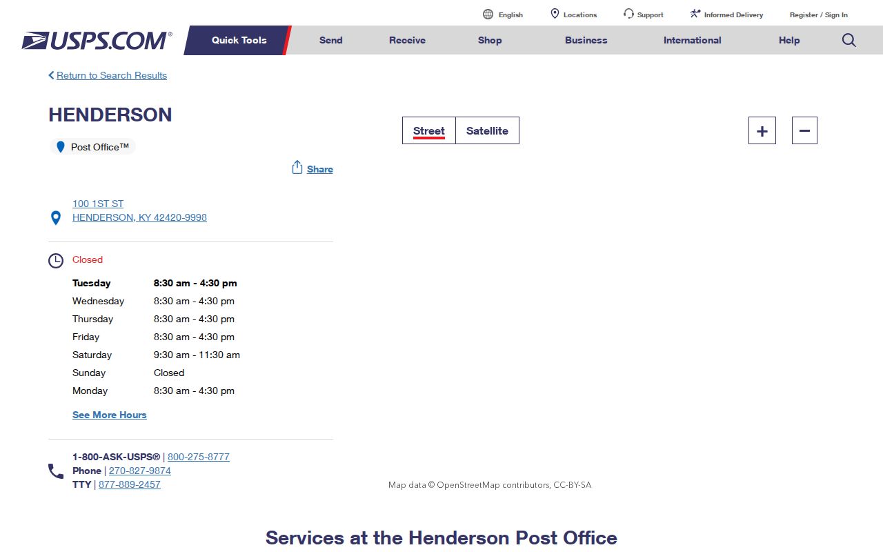 USPS Henderson Post Office page for the primary 42420 ZIP code